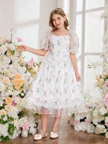 SHEIN 女童优雅公主裙，精致花卉印花装饰，方领泡泡袖，收腰喇叭形X型廓形，可爱公主风连衣裙 - 白色 - 查看 4
