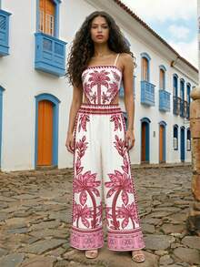 CAJUNI Women's Jumpsuit White And Pink Summer Boho Vacation Holiday,Spaghetti Strap Square Neck,Back Bow Tie,High Waist,Wide Leg,Palm Tree Border Print - Pink - View 4