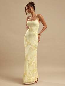 SHEIN BAE 纯黄色提花露背系带修身优雅长裙，适合早午餐、婚礼宾客、鸡尾酒会、优雅场合、黄色连衣裙、海滩度假等。 - 淡黃色 - 查看 6