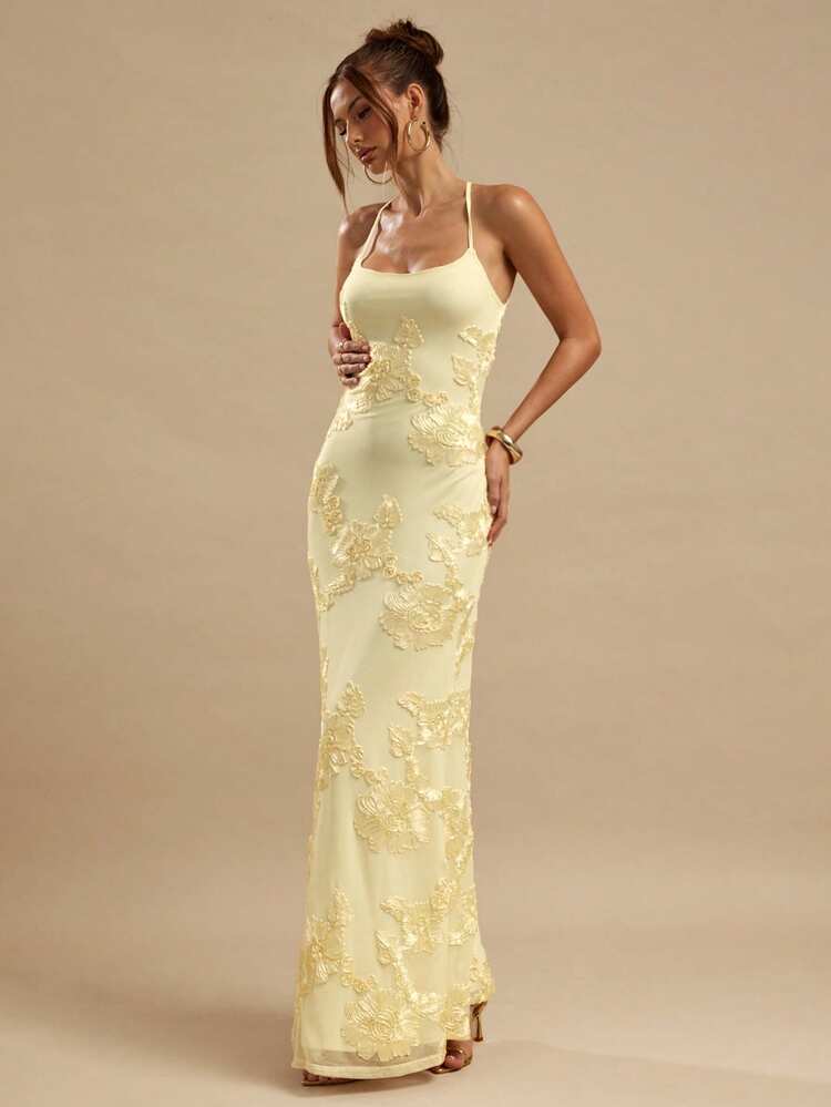 SHEIN BAE Jacquard-Rückenfreies Maxikleid mit Trägerbindung, figurbetonter Passform, geeignet für Brunch, Hochzeitsgast-Outfit, Cocktailparty, elegantes Kleid, gelbes Kleid, Urlaubsstrand - Hellgelb - Übersicht 6