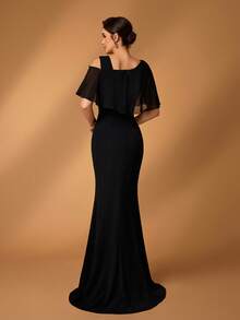 Serin Elegant Luxurious Chiffon Sleeve Splice Elastic Knit Ruched Fishtail Skirt, Suitable For Wedding, Party, Holiday, Prom, Mother Of The Bride, Evening Gown - Black - View 3