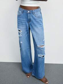 Maija Women's Casual Fashion Street Chic Daily Commute Distressed Loose Wide-Leg Jeans - Medium Wash - View 5