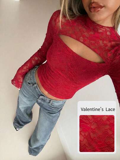Aloruh Women's New Autumn/Winter Long Sleeve Top, Long Sleeve T-Shirt With Lace Patchwork, Valentine's Day With Heart Pattern, Y2K Style Red Top Long Sleeve Tops For Women Winters For Women Tops For Women New Year's For Women's Crop Top Going Out Tops For Women's Crop Top Cropped Top Women's T-Shirts Tops For Women Long Sleeve Tops For Women Red Tops For Women's Long Sleeve T-Shirt Red Tops Women Sexy Red Concert Top Red Lace Top Red Top Women Red Mesh Top