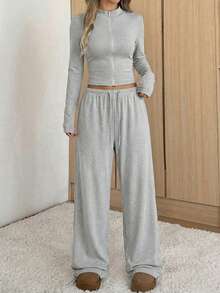 SHEIN EZwear Women's Light Gray Fitted Jacket And Pants Casual Suit Set, Spring/Summer, Women's Spring Outfit Two Piece Set Women Comfy Two Piece Lounge Set Casual Two Piece Set Grey Two Piece Set Comfortable Two Piece Set - Light Grey - View 3