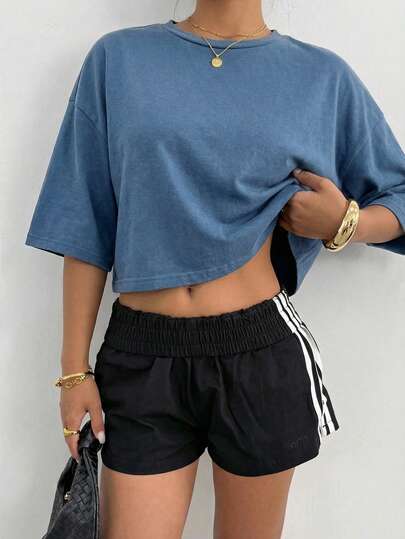 SHEIN EZwear 女士纯色简约圆领长袖T恤，日常穿着
