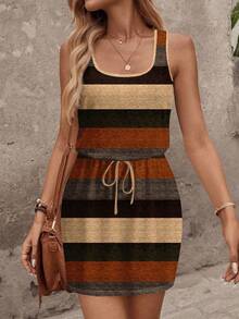 SHEIN LUNE Robe courte imprimée rayée décontractée pour femmes, convenant au printemps/été. Robes rayées pour carnaval pour femmes. Robe décontractée. Robe midi décontractée. Robe ton terre. Robe d'été moulante décontractée - Multicolore - Voir 6