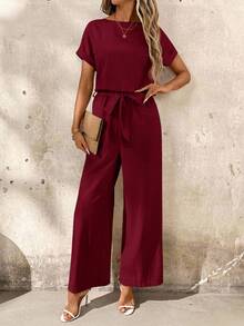 SHEIN Clasi Vacation Floral Trim Solid Color Round Neck Casual Short Sleeve Jumpsuit - Burgundy - View 2