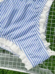 Swim Mod 新款蕾丝装饰甜美蓝白条纹修身坦克比基尼套装 - 藍色 - 查看 4