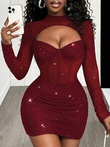 BamGleam Sequin Mesh Steel Boned Long Sleeve Women Dress, Autumn/Winter - Burgundy - View 4