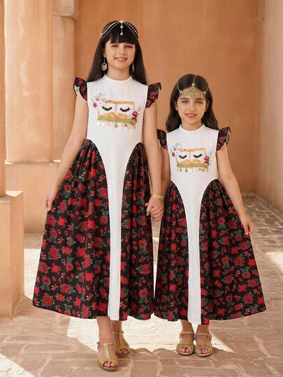 Middle Eastern Traditional Attire - Black & Red Floral Patchwork Off-Shoulder Dress With 3D Eye Makeup Decor + Tassel Pendant, Festive Celebration / Elegant Children's Wear For Family Gatherings