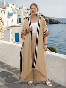 SHEIN LUNE CURVE مجموعة قطعتين تتكون من رداء كاجوال مقسوم مع أكمام 3/4 بخطوط سوداء وبيضاء وبنطال قطني كتان منتظم مطوي - كاكي - مشاهدة 5