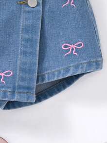 SHEIN 小女孩粉色蝴蝶结刺绣蓝色牛仔裙短裤 - 淺色水洗藍 - 查看 4