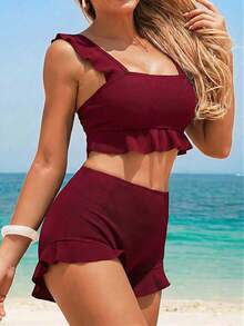 Swim Vcay 荷叶边纯色比基尼套装，适合海滩穿着 - 中紫紅色 - 查看 4