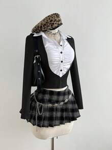 Elamini Damska dopasowana dzianina i splot tkany, swobodny strój biurowy, jesienno-zimowy, stylowy, uniwersalny T-shirt z długim rękawem i kontrastowym kołnierzykiem - Czarne i Białe - Zobacz 3