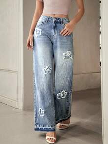 Selenza 女士花卉毛边贴袋阔腿宽松休闲牛仔裤 - 藍色 - 查看 3