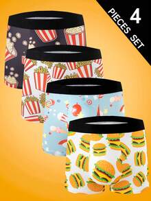 4件套男士舒适休闲印花平角内裤，薯条和汉堡图案 - 彩色 - 查看 1