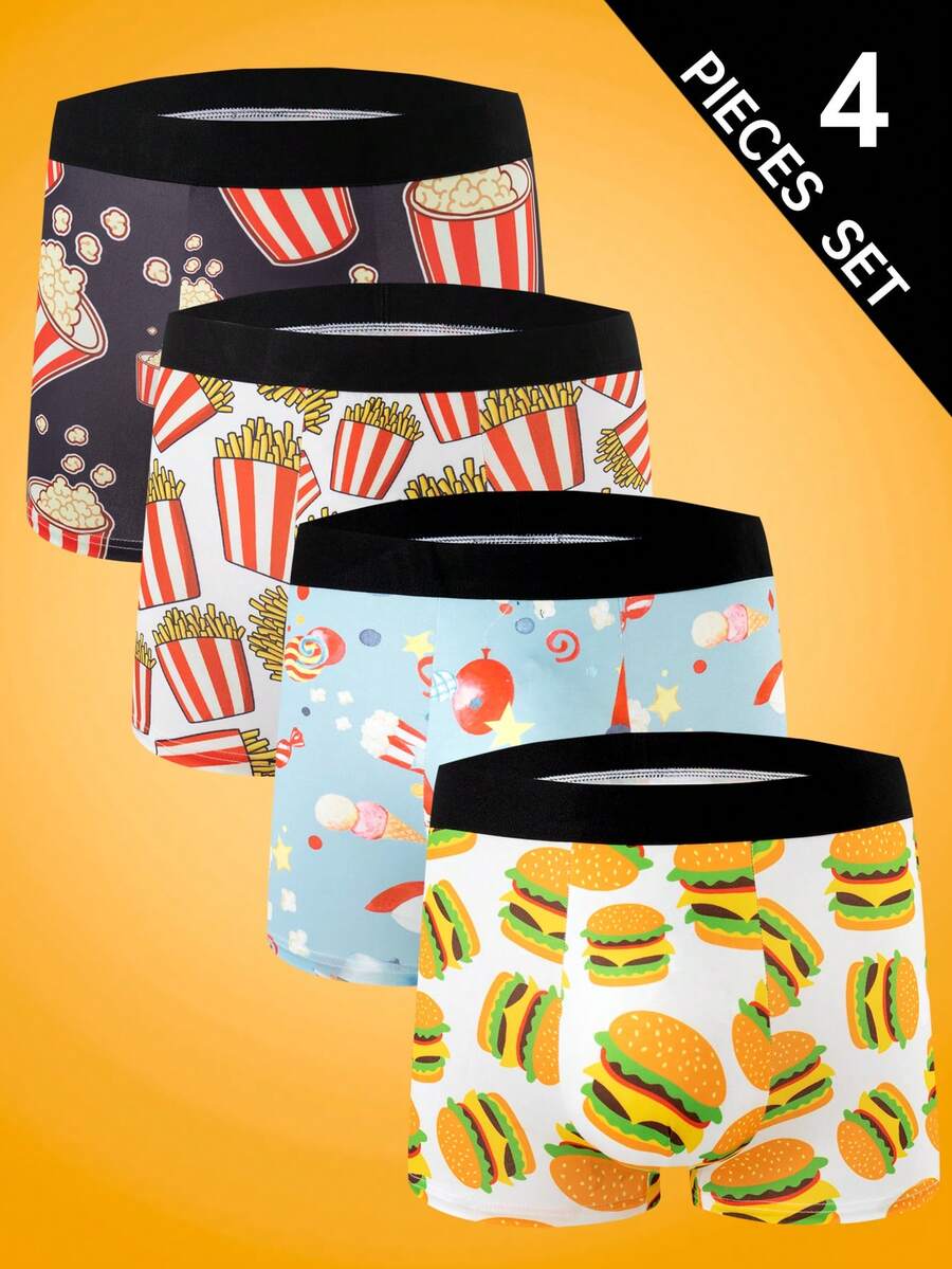 4件套男士舒适休闲印花平角内裤，薯条和汉堡图案 - 彩色 - 查看 1
