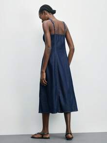 Maija 女士时尚前扣无袖牛仔连衣裙，适合通勤 - 深色水洗藍 - 查看 4