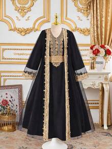 2pcs/Set Tween GirlsMesh Trim Cardigan & Sequin Collar Long Sleeve Dress, Suitable For Outings, Commuting, And Party Occasions - Black - View 6