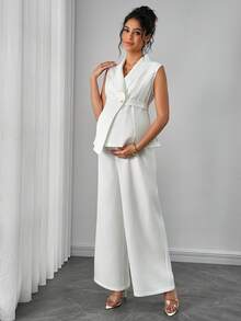 Momance 孕妇优雅纯色背心阔腿裤套装 - 白色 - 查看 5