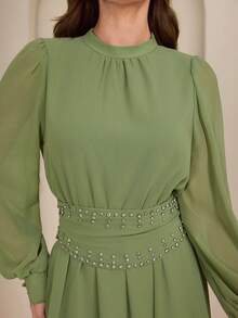 Graceveil Women's Design Sense Semi-High Collar Cinched Waist Flared Dress - Green - View 5