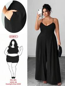SHEIN CURVE+ 大码女士优雅端庄纽扣吊带褶裥阔腿连体裤，春夏款 - 黑色 - 查看 1