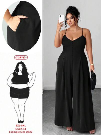 SHEIN CURVE+ Plus Size Women's Elegant Dignified Button Strap Pleated Waist Wide Leg Jumpsuit, Spring/Summer