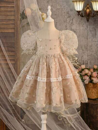 Cute Young Girl Casual Simple Cute Elegant Green Floral Embroidered Mesh Short-Sleeve Dress. Suitable For Outings, Everyday Wear, School, Travel, Vacations, And Spring/Summer. Champagne Kids Dress Dusty Pink Girl Dress Little Girls Vintage Style Dress Little Girls Beige Dress Victorian Vintage Style Dresses For Little Girls