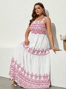 Ellevyn 大码女式夏季印花收腰吊带连衣裙 - 玫紅色 - 查看 7