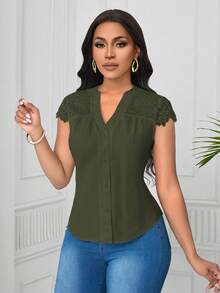 SHEIN Unity Elegant Lace Patchwork Wave Striped Short Sleeve Women Blouse - Army Green - View 6