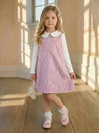 PrepCrw 1 st. Elegant urban collegefestklänning för unga flickor, klassisk vit krage, pärldetaljer, glittrande tofsar, ärmlös klänning, lämplig för fester, sammankomster, helgdagar, höst, vinter, jul