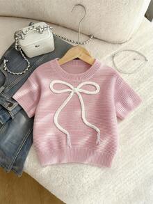 Resyla New Sweet Cute Pink Casual Bow Knit Pullover Sweater For Women, Spring/Summer - Pink - View 1