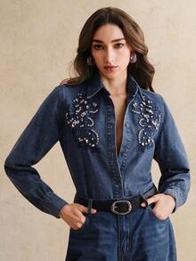 Anewsta Women's Romantic Glittery Embroidered Long Sleeve Shirt, Suitable For Valentine's Day Party And Vacation, Blue