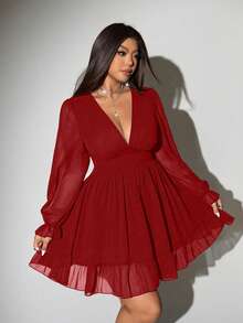 Viva Relle Plus Size Sexy Solid Deep V-Neck Ruched Long Sleeve Dress - Burgundy - View 7