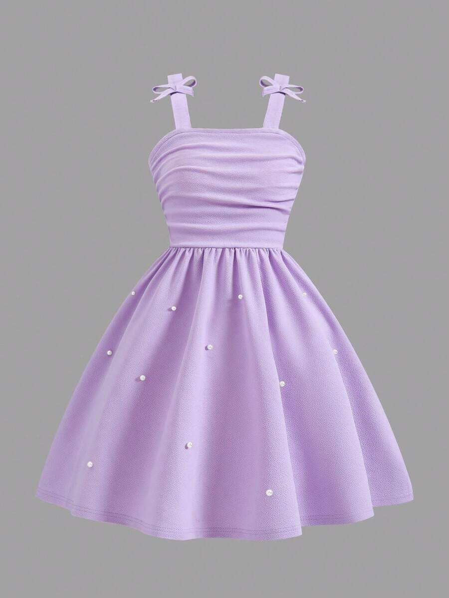 Sparklyn Đầm midi không tay cho bé gái, hàng mới về mùa hè/thu, chất liệu vải có họa tiết vân kiến, độ co giãn cao, trang trí nơ, chân váy xếp tầng, đính cườm, thanh lịch cho tiệc tùng, họp mặt, mặc thường ngày. - Màu tím - Xem 1