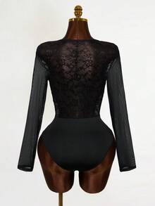 BamGleam Women's Lace Cup Long Sleeve Bodysuit, Versatile & Minimalist, Suitable For Autumn/Winter