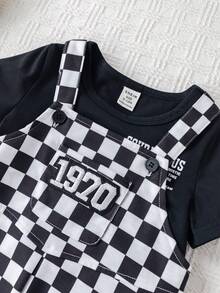 SHEIN Unisex Baby Checkered Suspender Pants, Casual & Cute, Spring/Summer Baby Boy Clothes, Streetwear - Black and White - View 7