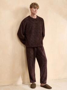 EverLounge 复古英伦风舒适休闲双面绒面提花圆领套头衫外套，适合男士居家穿着，长袖T恤