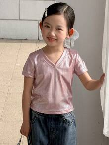 Dazy Kids Young Girls V-Neck Knit Short Sleeve T-Shirt, Fall Clothes