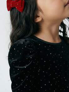 Maija Kids Young Girl Black Velvet Glitter Round Neck Puff Sleeve Casual Long Sleeve T-Shirt - Black - View 6