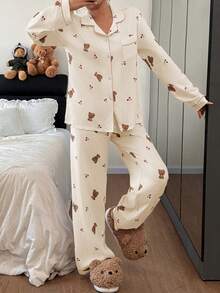 SHEIN Bộ đồ ngủ nữ tay dài và quần in hình gấu và quả anh đào dễ thương - Màu be - Xem 6
