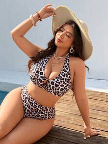 Swim Vcay Ensemble 2 pièces grande taille pour femmes, Top court à col ras-du-cou avec imprimé léopard aléatoire et bas de bikini taille haute, décontracté pour les vacances et le port quotidien