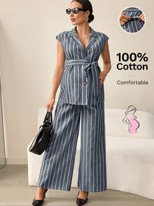 MaterniWear Maternity Wear, Maternity Dresses, Elegant Commuting/Office Attire, Summer Dark Gray Striped Collared Single-Breasted Shirt And Wide-Leg Trousers Casual Set, Adjustable Elastic Waistband, Pure Cotton Maternity Wear, Two-Piece Set, Casual Two-Piece Set, Women's Summer Two-Piece Set. - Grey - View 1