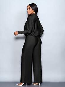 SOLERSUN 女士优雅高领插肩袖垂褶领收腰连体裤，适合秋冬季穿着。 - 黑色 - 查看 2