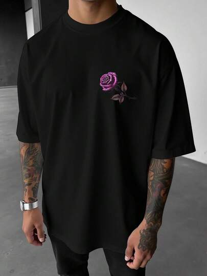 Manfinity LEGND Men's Rose Graphic Black Crew Neck Short Sleeve T-Shirt