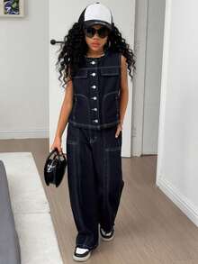 DAZY Girls Sleeveless Denim Vest & Wide Leg Jeans 2-Piece Outfit, Tween Girl Fall Clothes - Blue - View 4