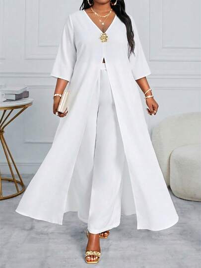 SHEIN Lady Plus Size Solid Color V-Neck Metal Button Decorated Top And Pants Elegant 2 Pieces Set White Shirt White Dress White Top Graduation Ceremony Graduation Dress Spring Casual Dresses For Women Graduation Dress Women  Valentine Summer Summer Clothes Summer Clothes  Spring Dress Summer Dresses  Elegant Dresses Elegant Dresses For Women  Vacation Vacation Dress Summer Dresses For Women Casual Women's Dresses White Pants Suit 2 Piece Sets Woman Classy Wide Leg Pants Set Pant Suit Set Plus White Jumpsuit Elegant