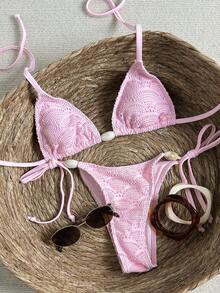 Swim Mod Women's Jacquard Fabric Beaded Halter Bikini Set, Spring/Summer - Pink - View 1