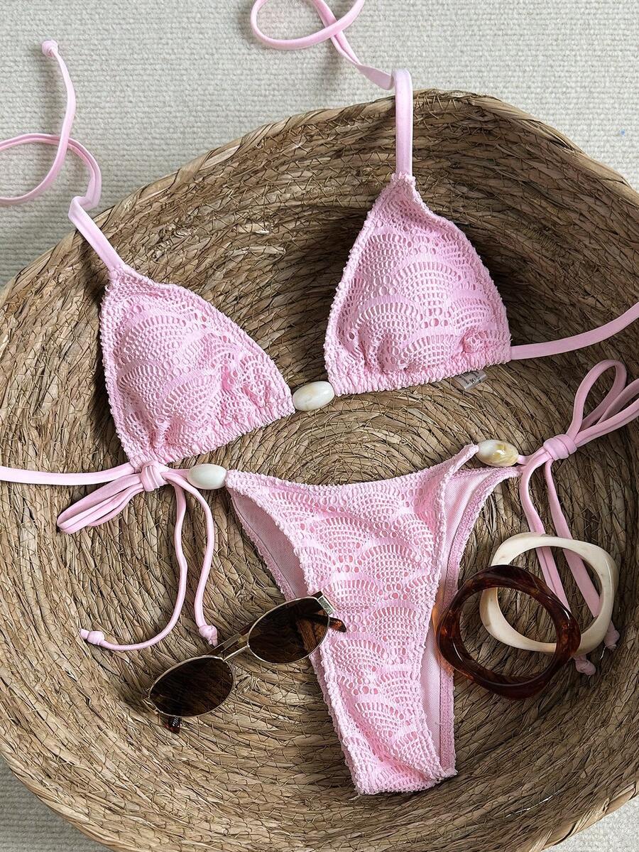 Swim Mod Women's Jacquard Fabric Beaded Halter Bikini Set, Spring/Summer - Pink - View 1