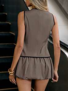 Siren Gaze 2件套 女士撞色滚边无袖上衣和迷你裙 - 卡其色 - 查看 2